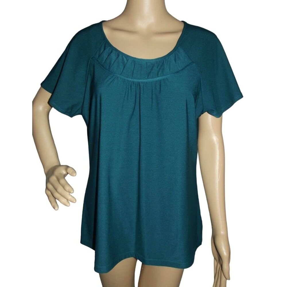 Briggs New York Blouse Medium Teal Green Pleated Scoop Neck Short Sleeve Shirt